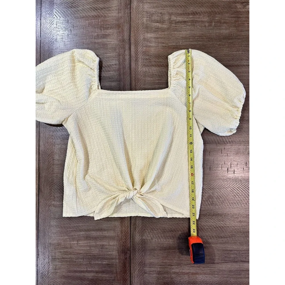 LOFT Women’s Square Neck Tie Front Soft Yellow Blouse Puff Sleeve Top Size M